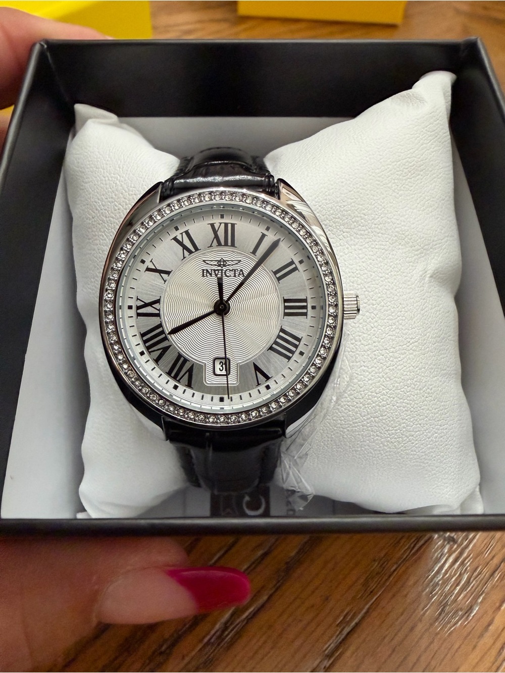 Invicta Women's Silver Dial Crystal Bezel Leather Strap Watch - Black